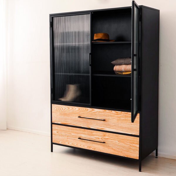 STUDIO DELTA REEDED GLASS WARDROBE WITH WOODEN DRAWERS IN BLACK