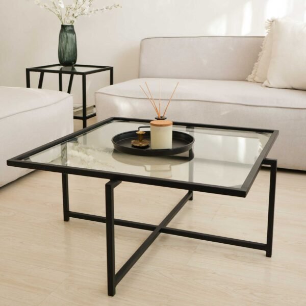 STUDIO DELTA - SQUARE MINIMALIST STEEL AND GLASS COFFEE TABLE